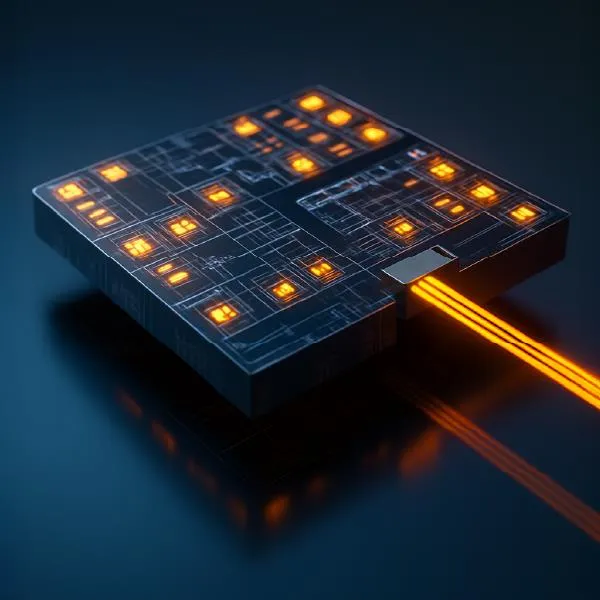 Top down lit up view of substrate with lasers emitting from photonics IC chip at edge