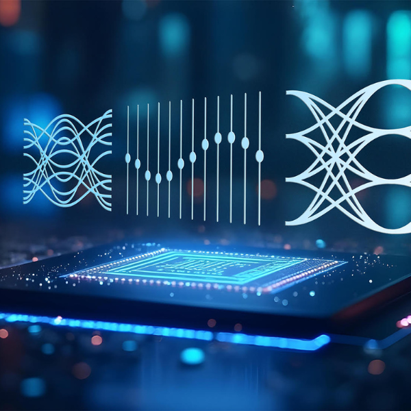 unequalizeze signal noise on the left with controls visualized in center showing open "eye" for clear signal to pass from a chip with integrated optical equalizer in optics-based network pluggable