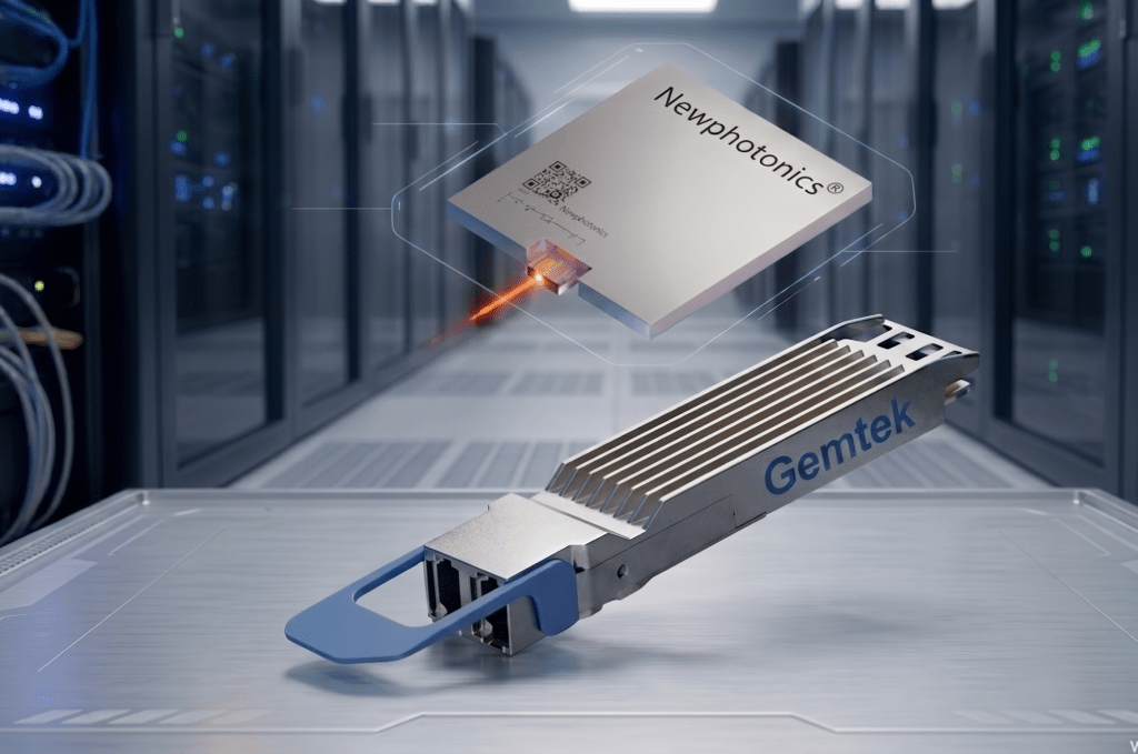 Image shows a NewPhotonics photonic integrated circuit (PIC) chip hovering above a Gemtek transceiver module at the forefront of a background image showing the data center rack environment where transceiver pluggables would be used.